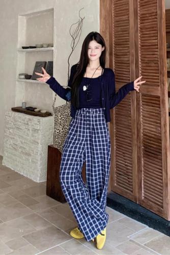 Retro plaid casual trousers, loose and lazy style suspender shawl three-piece set straight design floor-length trousers