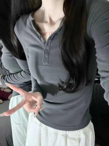 40 pieces O'Dell simple half-open collar slim slim long-sleeved T-shirt women's button-down design right shoulder top