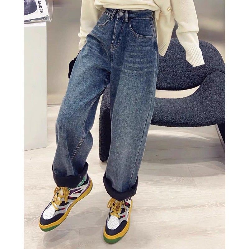 FYQ- Large size velvet jeans for women, loose wide-leg pants, slim daddy pants, pear-shaped body