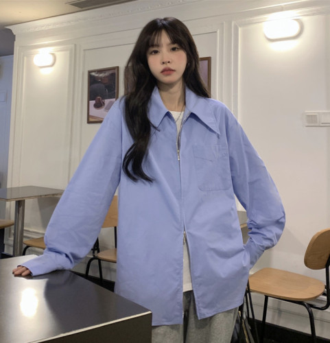 ~Zipper shirt women's high-end design new long-sleeved chic top blue shirt