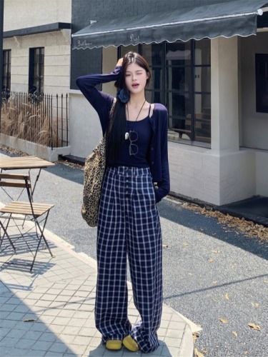 Retro plaid casual trousers, loose and lazy style suspender shawl three-piece set straight design floor-length trousers