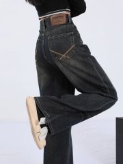 Casual loose wide leg trousers mid-rise spring and autumn solid color