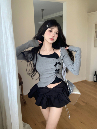 Sweet Tea Girl Gray Two Piece Slim Fit Stretch One Shoulder T-Shirt + Long Leg Special Effect Skirts