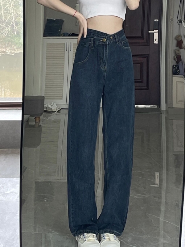 Wide-leg jeans for women, spring and autumn loose new style, high-waisted, large size, straight-leg floor-length mopping pants for fat girls
