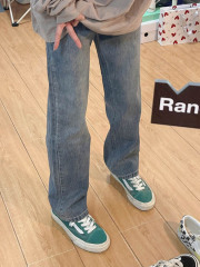 Large size loose straight jeans for fat women with a pear-shaped body, covering the crotch and looking slim, high-waisted wide-leg pants, versatile