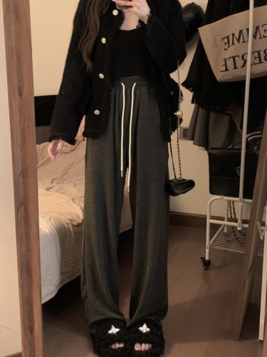 Versatile, slim, high-waisted, smooth elastic-waisted straight casual casual velvet thickened trousers