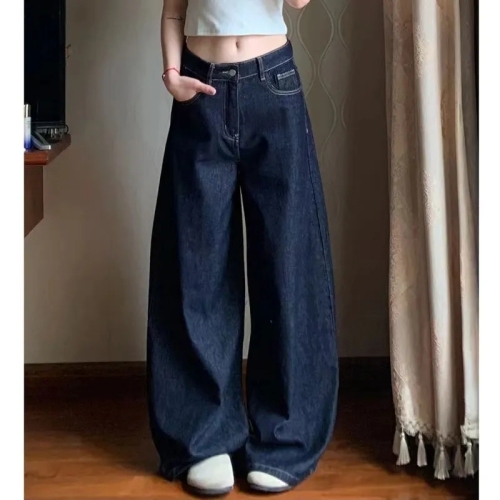 Dark blue petite wide-leg jeans for women in summer retro loose slimming high-waisted straight casual floor-length trousers