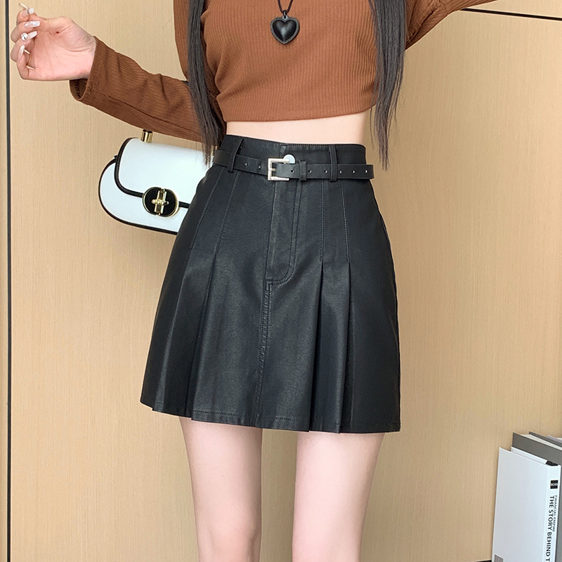 Autumn and winter new style A-line skirt, high waist, slimming, washed leather skirt, PU leather pleated skirt, women's skirt