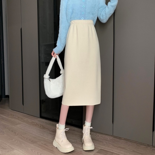 New autumn and winter loose and versatile solid color A-line skirt for small people, mid-length slit skirt