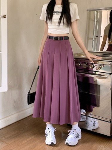 New gray high-waisted pleated skirt, mid-length A-line crotch-covering umbrella skirt with stylish design