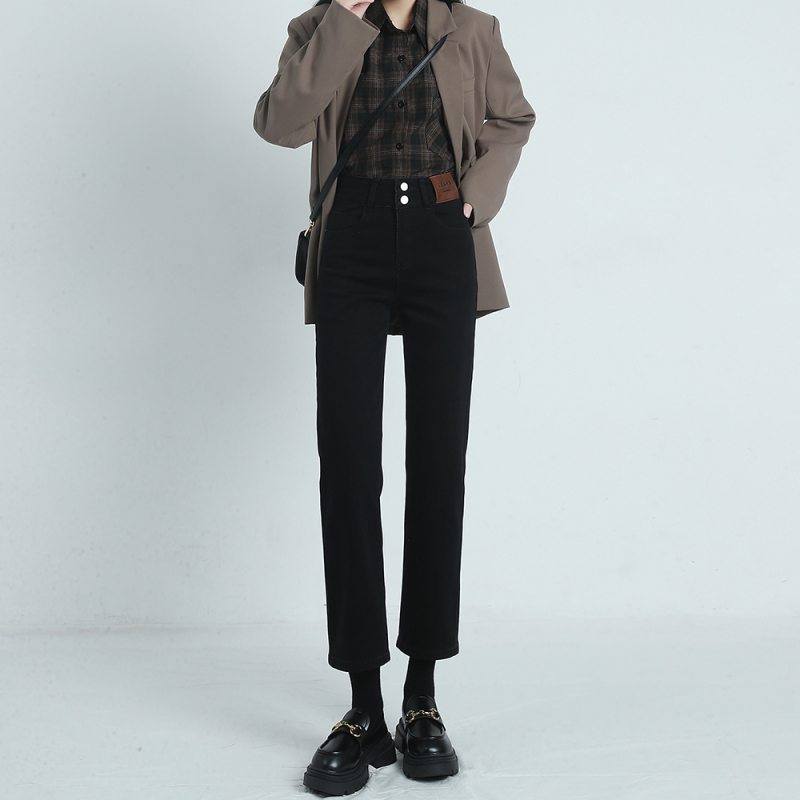 Black high-waist straight jeans for women spring and autumn new stretch eight-point cigarette pipe pants for small people