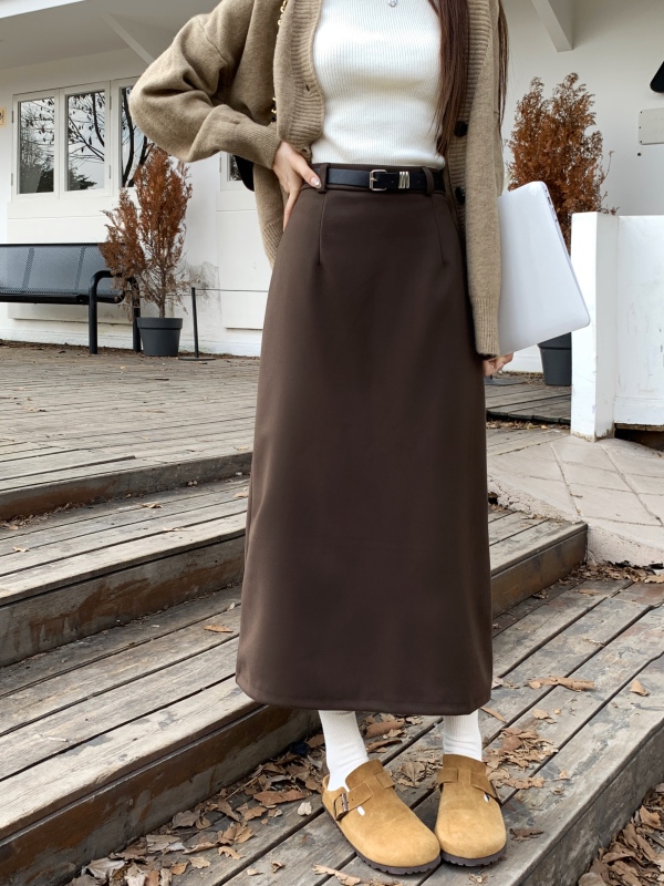 Woolen skirt women's new high-waist straight hip-hugging skirt mid-length slit woolen one-step skirt