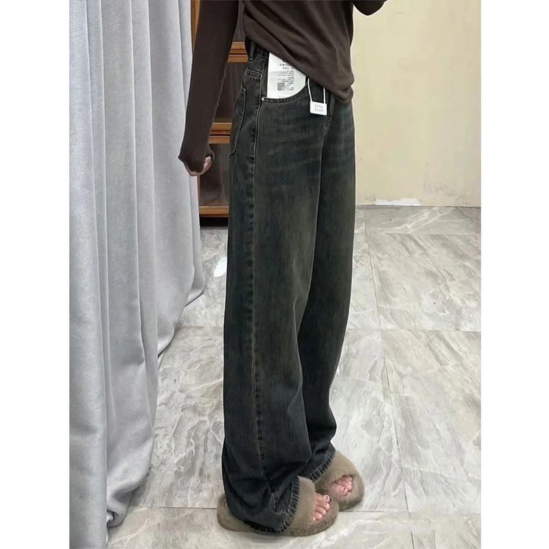 American retro cement gray high-waisted wide-leg jeans for women in autumn and winter, straight, loose, slim and drapey floor-length pants, trendy