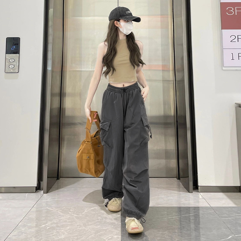 American retro hip-hop straight drawstring overalls for women summer new sports and leisure wide-leg floor-length pants