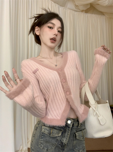 Pink knitted jacket autumn and winter new style splicing plush soft waxy V-neck slim sweater cardigan