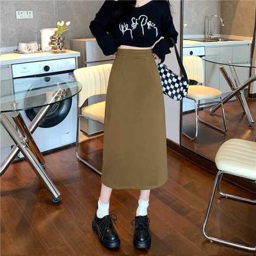 Autumn new design slit slimming high-waisted mid-length A-line skirt