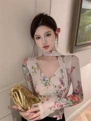 French double-layer fabric retro V-neck mesh long-sleeved printed shirt with ribbon ruffle top