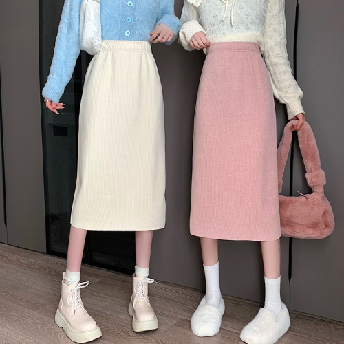 New autumn and winter loose and versatile solid color A-line skirt for small people, mid-length slit skirt