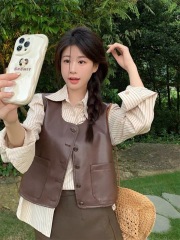 Retro Hong Kong style sleeveless pu leather vest jacket for women autumn new trendy loose short style stacked vest trend