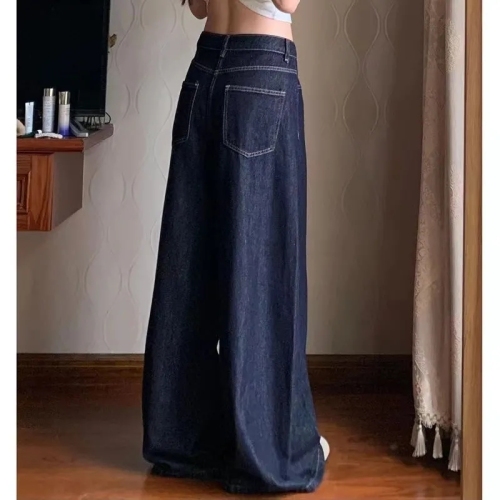 Dark blue petite wide-leg jeans for women in summer retro loose slimming high-waisted straight casual floor-length trousers