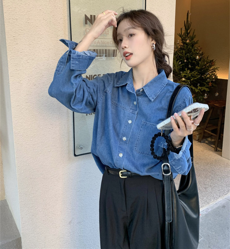 New autumn top blue denim shirt niche design Japanese shirt jacket