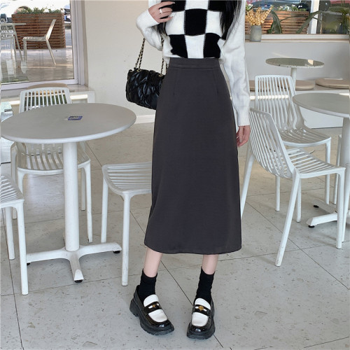 Autumn new design slit slimming high-waisted mid-length A-line skirt