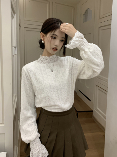 Half-high collar thickened brushed bottoming shirt for women, autumn and winter fashionable inner layer, slim puff long-sleeved lace shirt for women