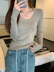 Autumn Korean version slimming u-neck temperament slimming 6 wool versatile sweater long-sleeved bottoming top