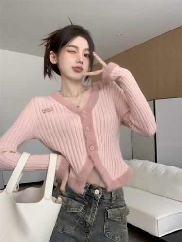 Pink knitted jacket autumn and winter new style splicing plush soft waxy V-neck slim sweater cardigan