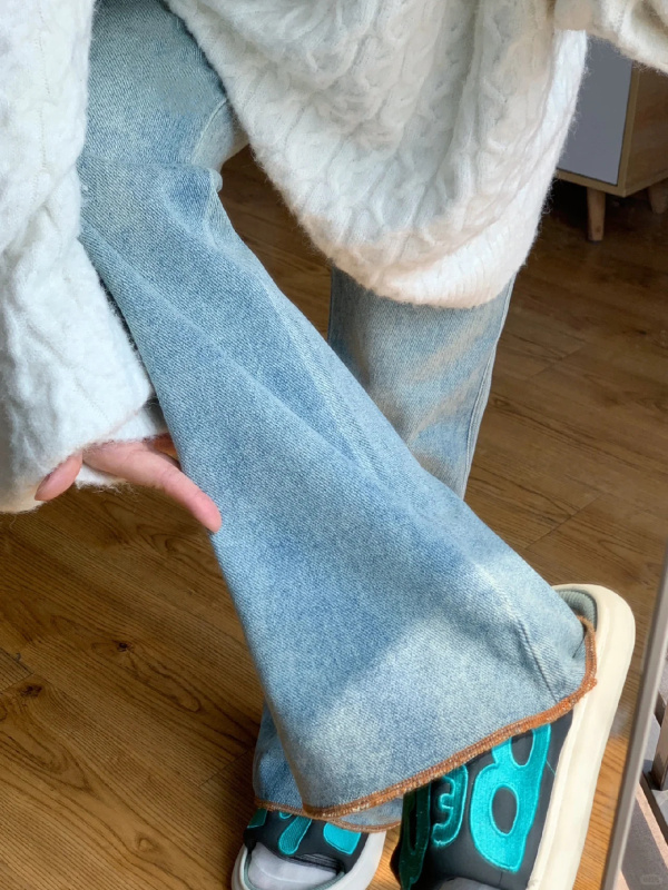 Retro blue loose bootcut jeans for women in autumn and winter, high-waisted slim straight-leg pants, floor-length horse hoof pants