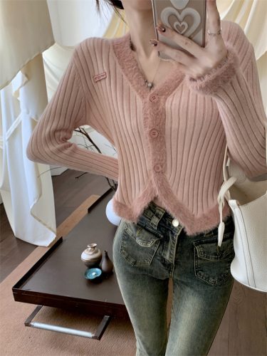 Pink knitted jacket autumn and winter new style splicing plush soft waxy V-neck slim sweater cardigan