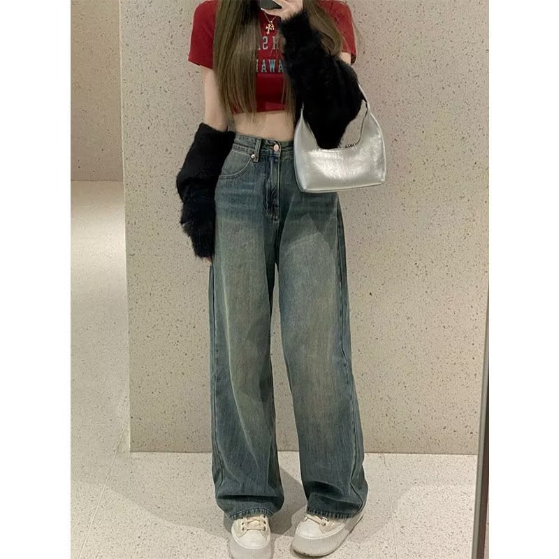 Retro blue wide-leg jeans for women in autumn plus size fat mm loose high-waisted versatile casual straight-leg floor-length mopping pants