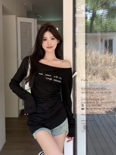 Sexy pure lust style letter printed thin one-line off-shoulder long-sleeved T-shirt women's sun protection top