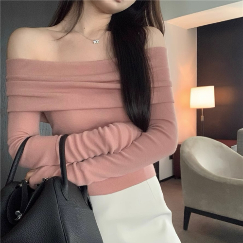 One-shoulder top sweater for women, long-sleeved autumn, stunning tight-fitting inner wear for hot girls, sexy design short sweater
