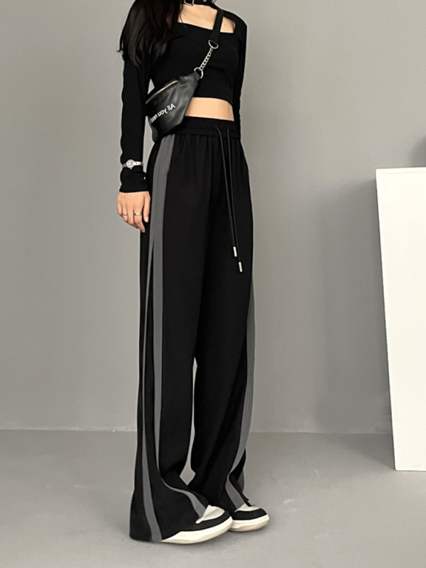 Wide-leg pants for women in spring and autumn, large size striped drape, floor-length slimming straight pants, loose casual sports pants