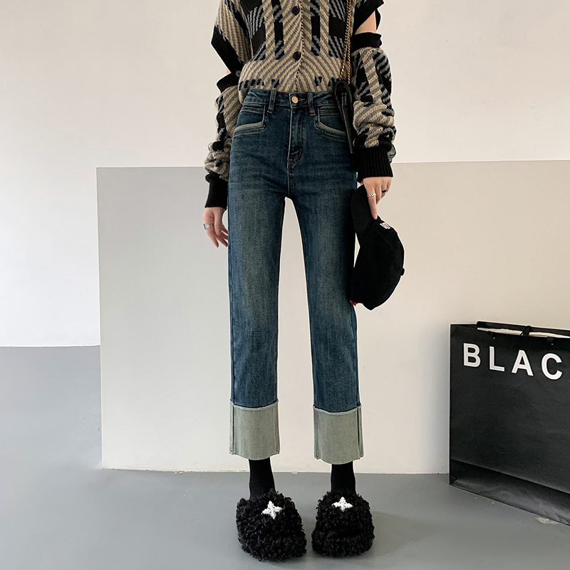 Large size straight jeans for women spring and autumn 2024 new high waist fat mm slim retro curled nine-point cigarette pants