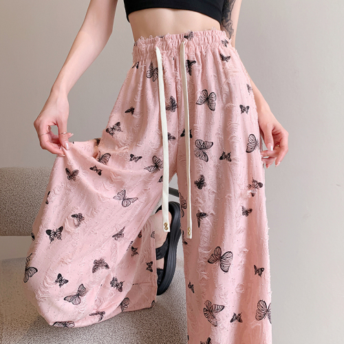 High waisted hole butterfly print casual pants for women summer new design drape straight wide leg pants