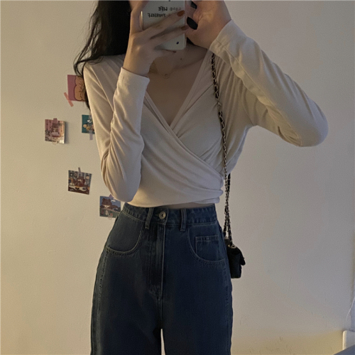 V-neck solid color strappy short top thin slim fit sun protection inner layering shirt