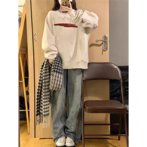 Pure cotton Chinese cotton 320g round neck sweatshirt for women autumn thin winter thickened silver fox velvet 420g round neck sweatshirt for women