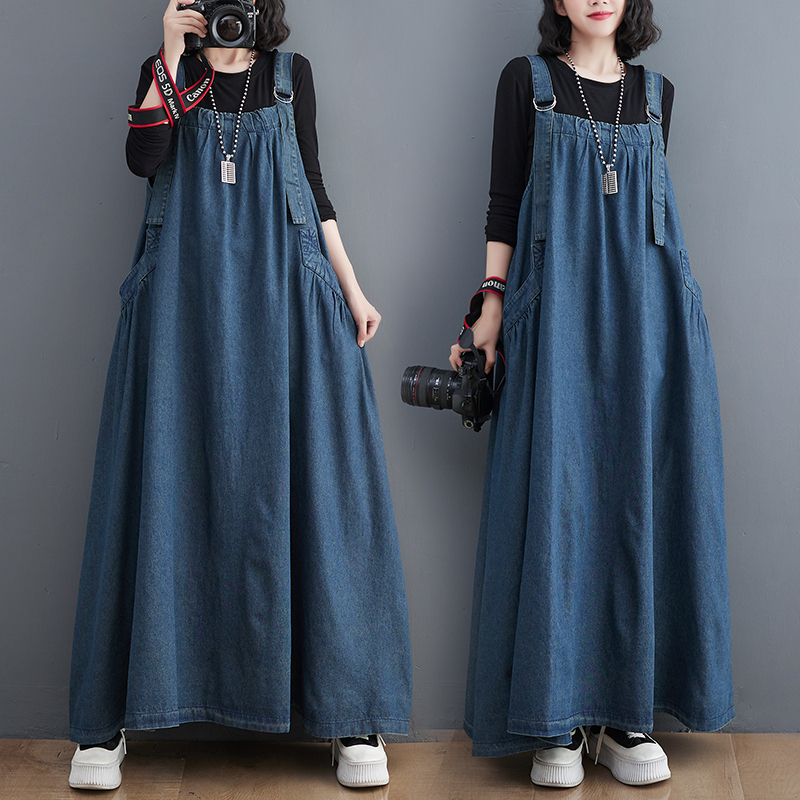 Autumn long dress retro loose slim denim suspender skirt long full skirt dress