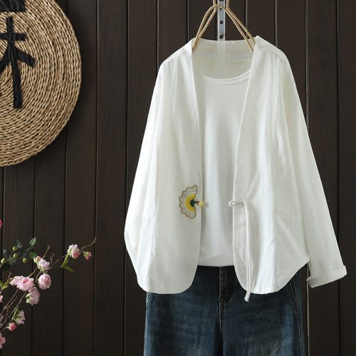New cotton and linen fan embroidered bead button cardigan for women Chinese style retro literary casual loose top
