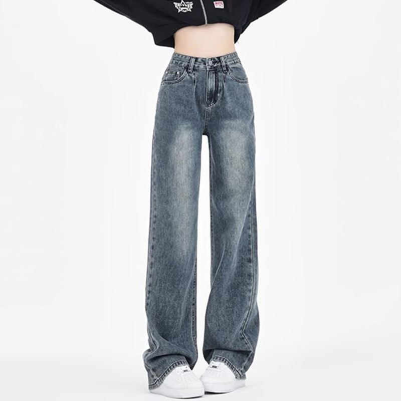 American retro jeans for women, new style, fat mm, large size, slim, pear-shaped body, straight narrow version, wide leg pants