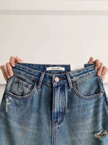 Ripped wide-leg jeans for women, new style, high-waisted, large size, pear-shaped, small, loose, slimming, straight-leg pants