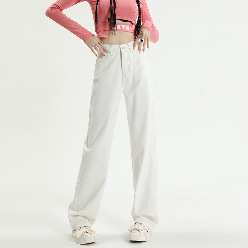 Spring new white jeans for women Korean style high waisted loose casual versatile straight wide leg floor mopping trousers