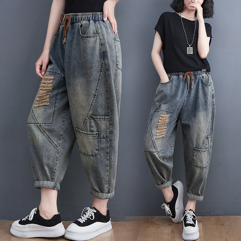 Artistic plus size women's loose denim thin elastic waist ripped retro harem pants