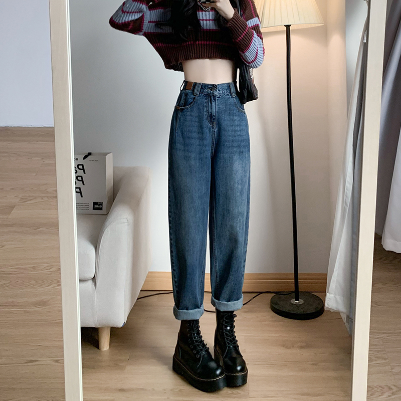 Women's jeans winter high-waisted looks taller and slimmer loose plus velvet wide-leg harem radish daddy pants