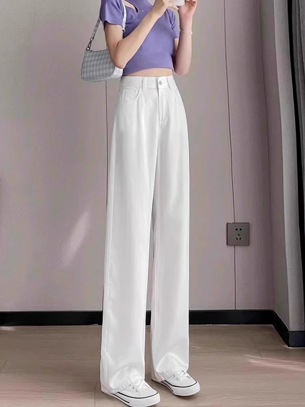 Pear-shaped body high-waist Tencel jeans for women straight plus size fat mm slimming and drapey ice silk wide-leg pants