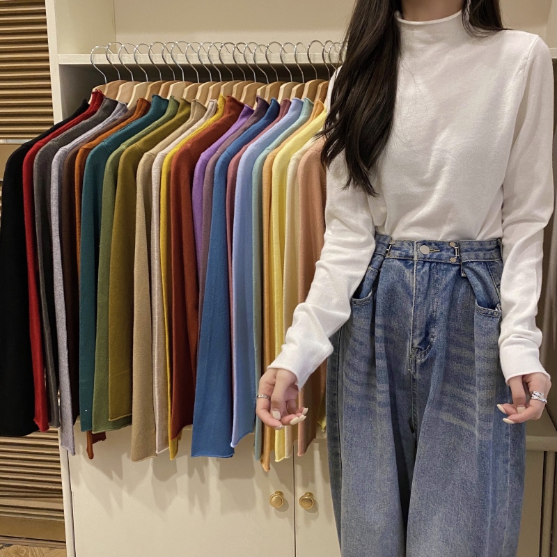 Core-spun yarn personalized rolled edge knitted half-high collar pullover bottoming sweater for women 24 colors