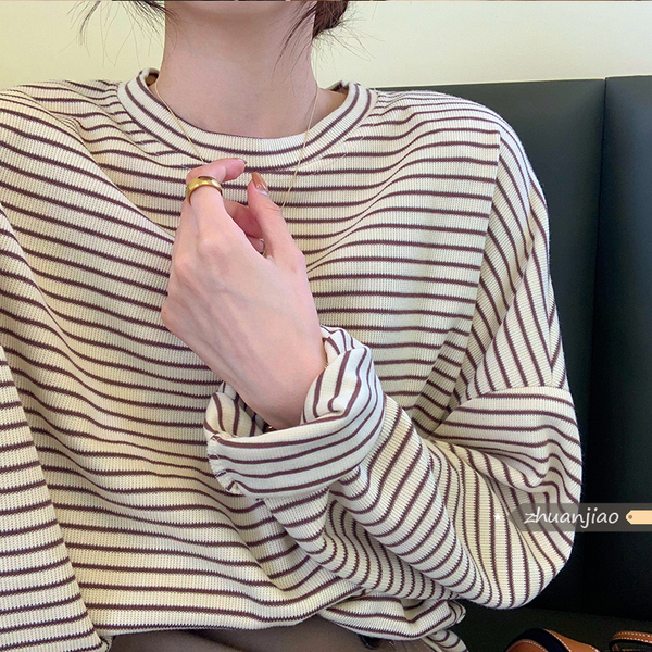 Minnie striped long-sleeved T-shirt for women in spring and autumn, round neck, loose inner, lazy style bottoming shirt, versatile top