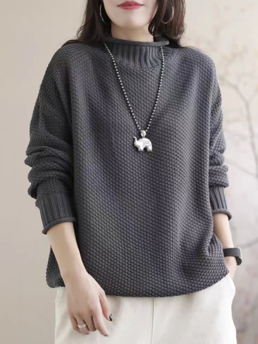 Thickened half turtleneck cotton sweater for women, loose long-sleeved autumn and winter new style, artistic, casual, versatile, flesh-covering pullover top